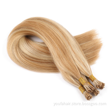 Wholesale India Hair Ombre Color Blonde I Tip Cuticle Aligned Double Drawn Pre Bonded Remy Hair I Tip Raw Hair Extensions